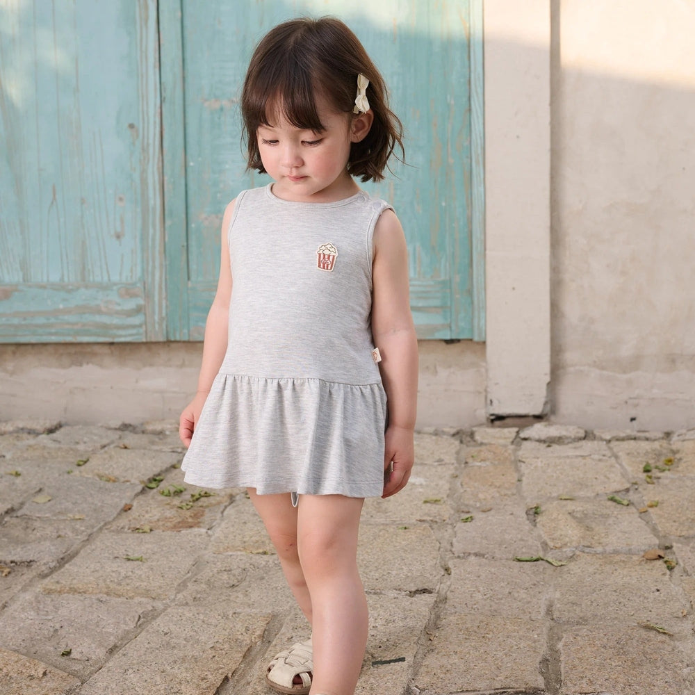 PETITE REVERY Petite Revery Baby Dress - Fog Grey sleeveless drop waist with gathered skirt and popcorn patch img 3/6