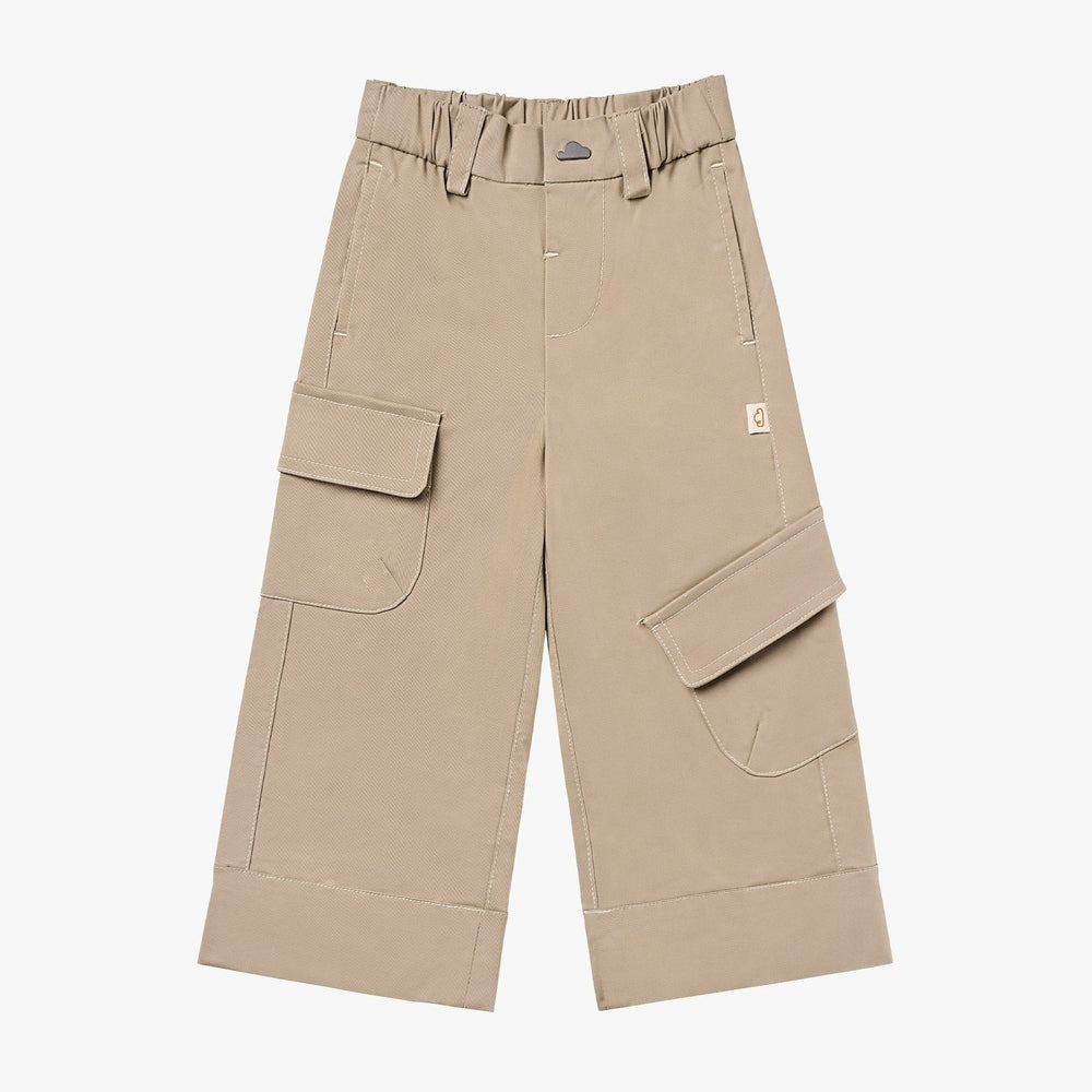 PETITE REVERY Petite Revery Cargo Pants - Sandy Neutral elastic waistband with cargo flap pockets and rolled cuffs img 4/6