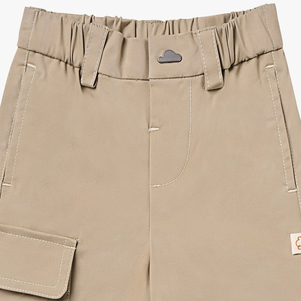 PETITE REVERY Petite Revery Cargo Pants - Sandy Neutral elastic waistband with cloud button and white contrast stitching img 6/6
