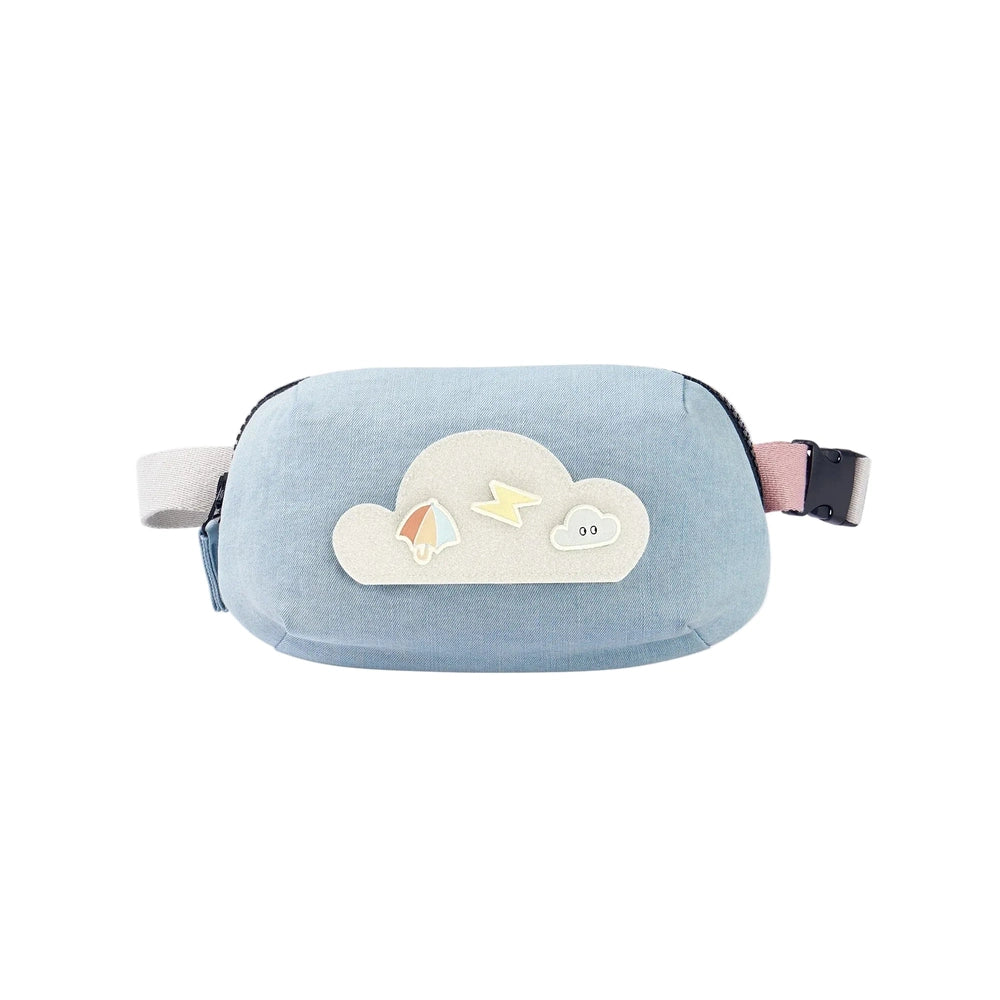 Petite Revery Corduroy Bumbag Dusk Blue fanny pack with cloud applique and adjustable waist strap.