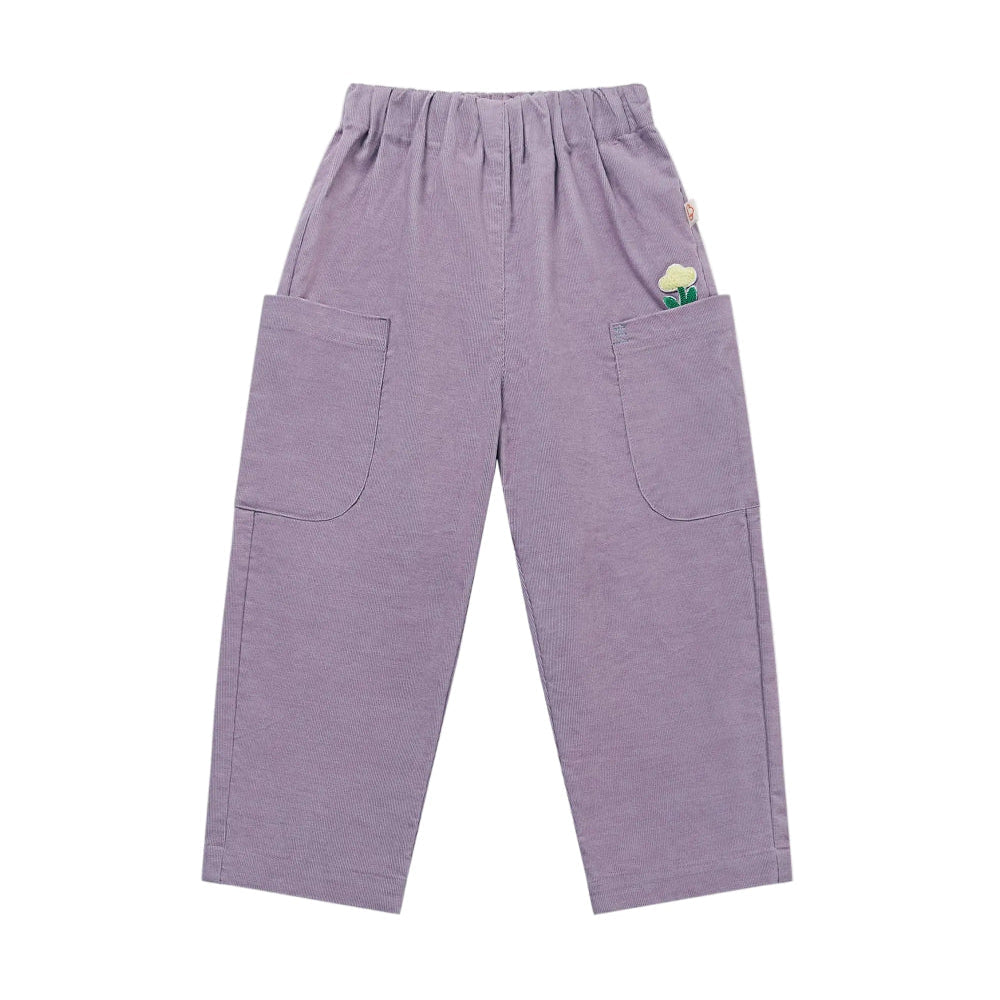 Petite Revery lilac corduroy baby pants with large pockets and embroidered flower detail
