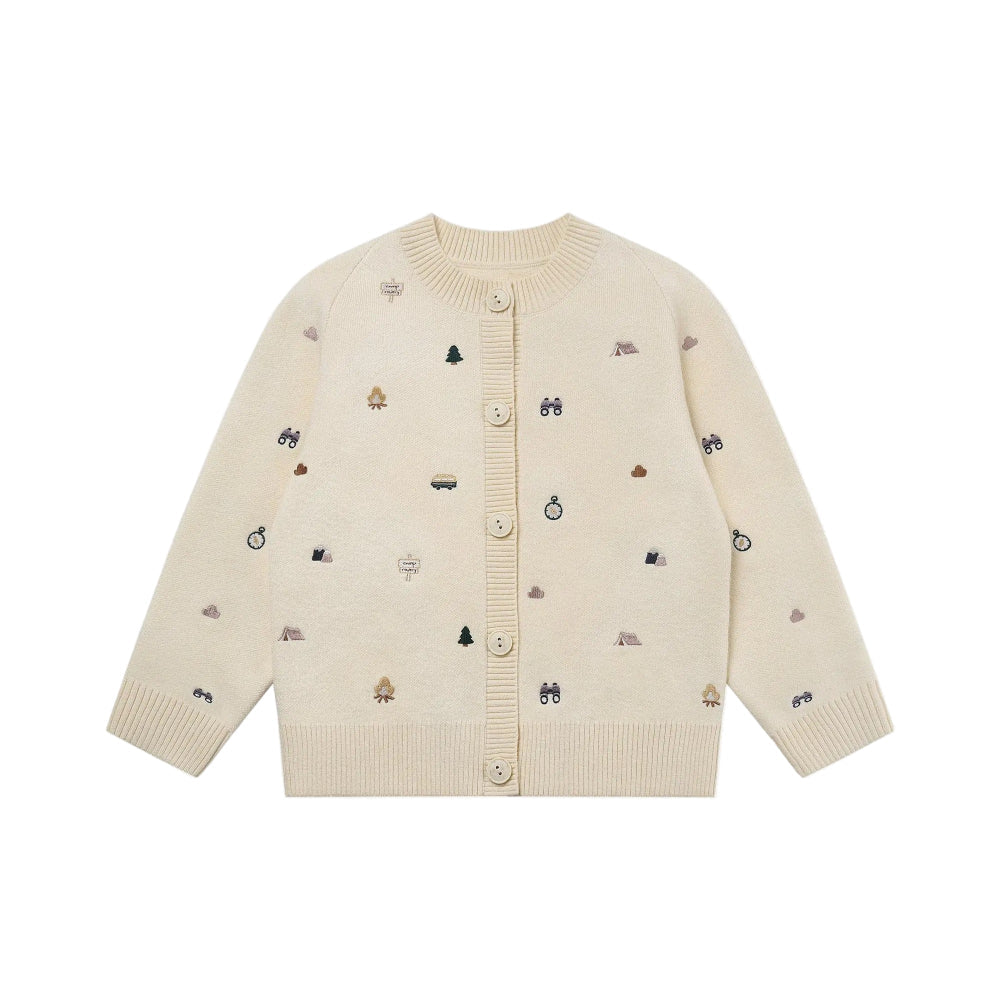 Petite Revery cotton knit cardigan beige with camping motif embroidery for babies