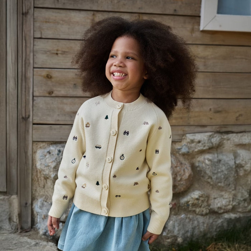 Petite Revery cotton knit cardigan for toddlers, cream with small icons, PETITE REVERY