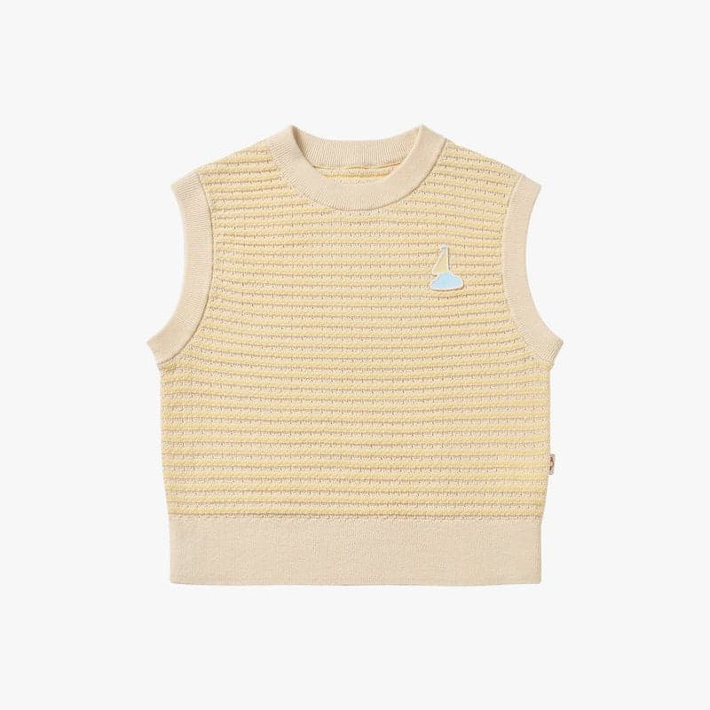 Petite Revery Cotton Knit Sleeveless Vest Mellow Yellow, laid flat to show textured knit and tiny sail logo.