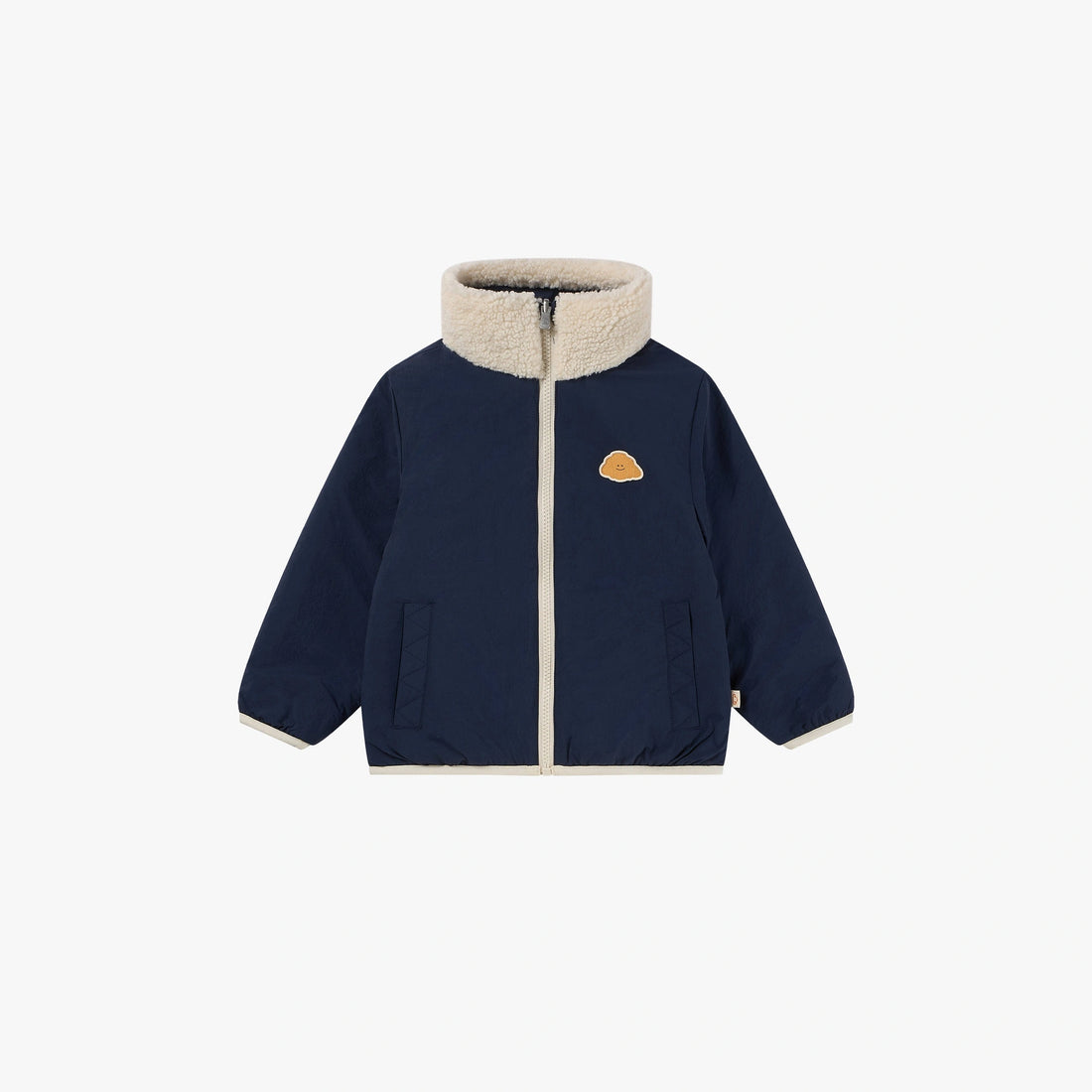 Petite Revery Cozy Crumbs Reversible Fleece Jacket in Blueberry, navy recycled-nylon side