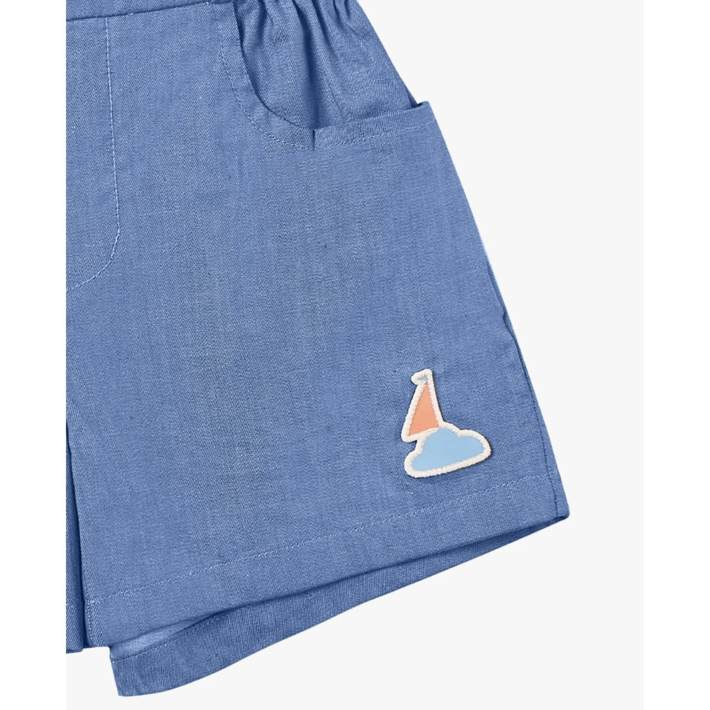 Petite Revery denim shorts in sky blue with a party hat and cloud patch