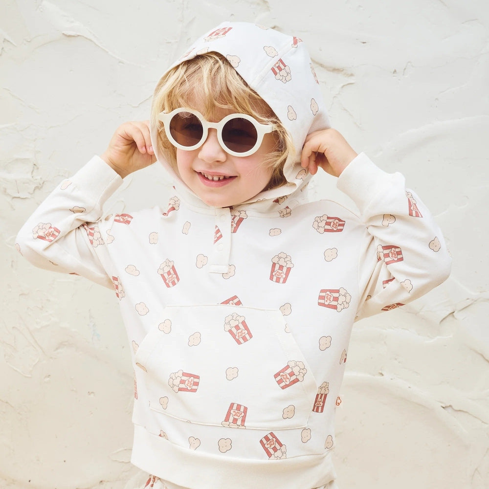 PETITE REVERY Petite Revery Hoodie - Showtime popcorn print pattern with matching beanie and kangaroo pocket img 1/6