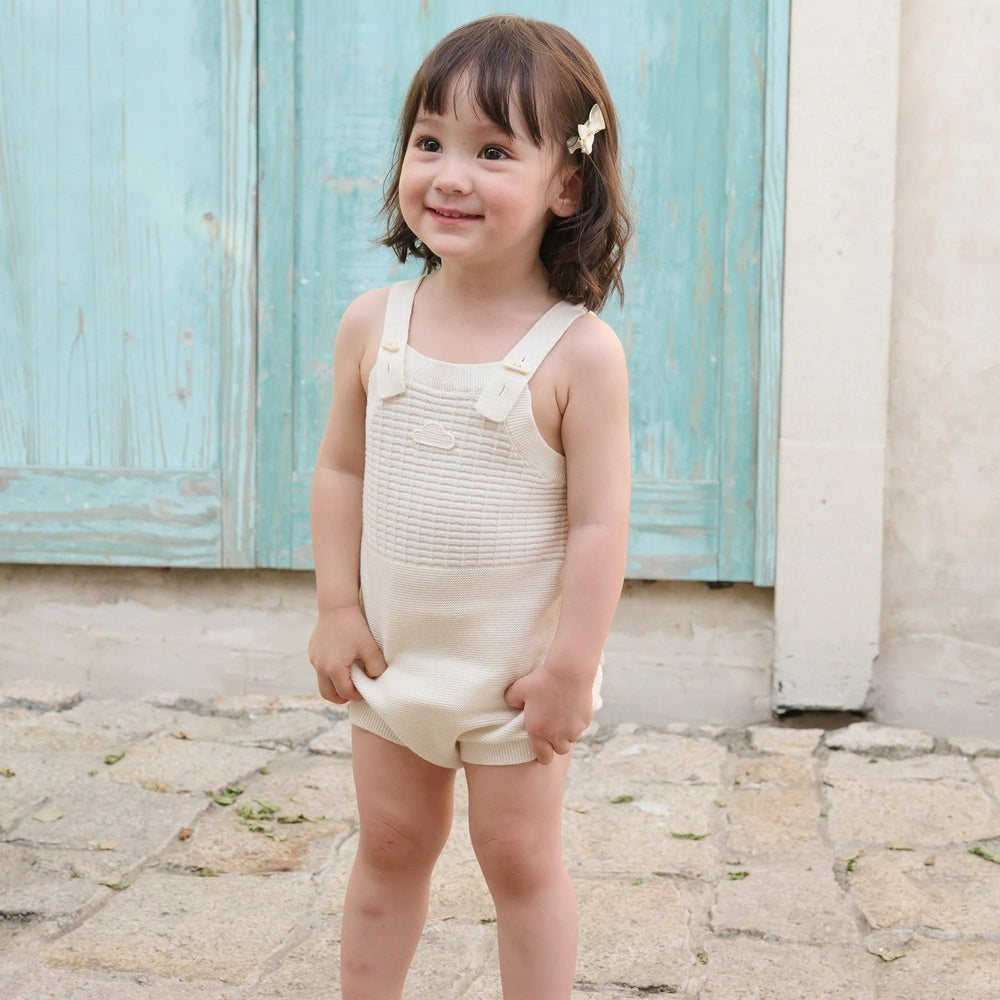 PETITE REVERY Petite Revery Knit Onesie - Jet Stream ribbed chest panel with adjustable button shoulder straps img 1/6