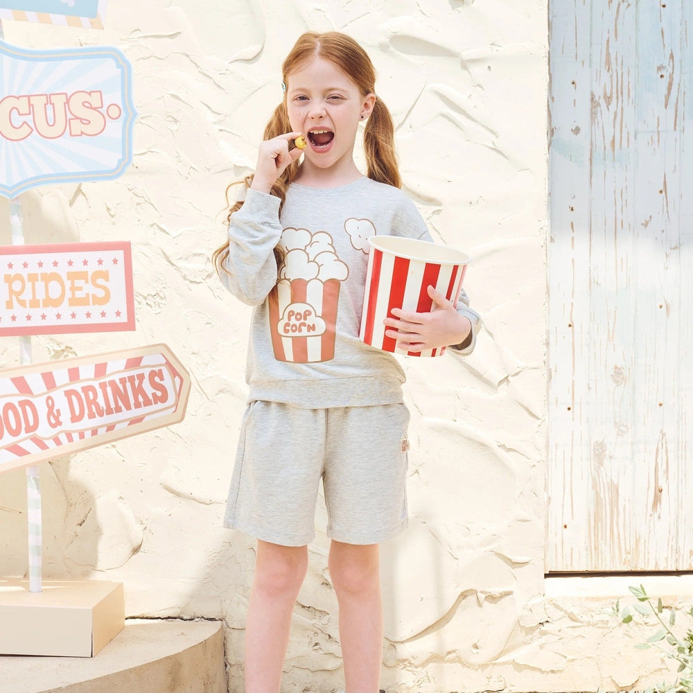 PETITE REVERY Petite Revery Long Sleeve Sweatshirt - Fog Grey Popcorn bucket graphic with matching shorts set img 1/6