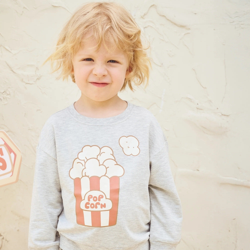 PETITE REVERY Petite Revery Long Sleeve Sweatshirt - Fog Grey striped popcorn bucket graphic with cloud puffs img 3/6