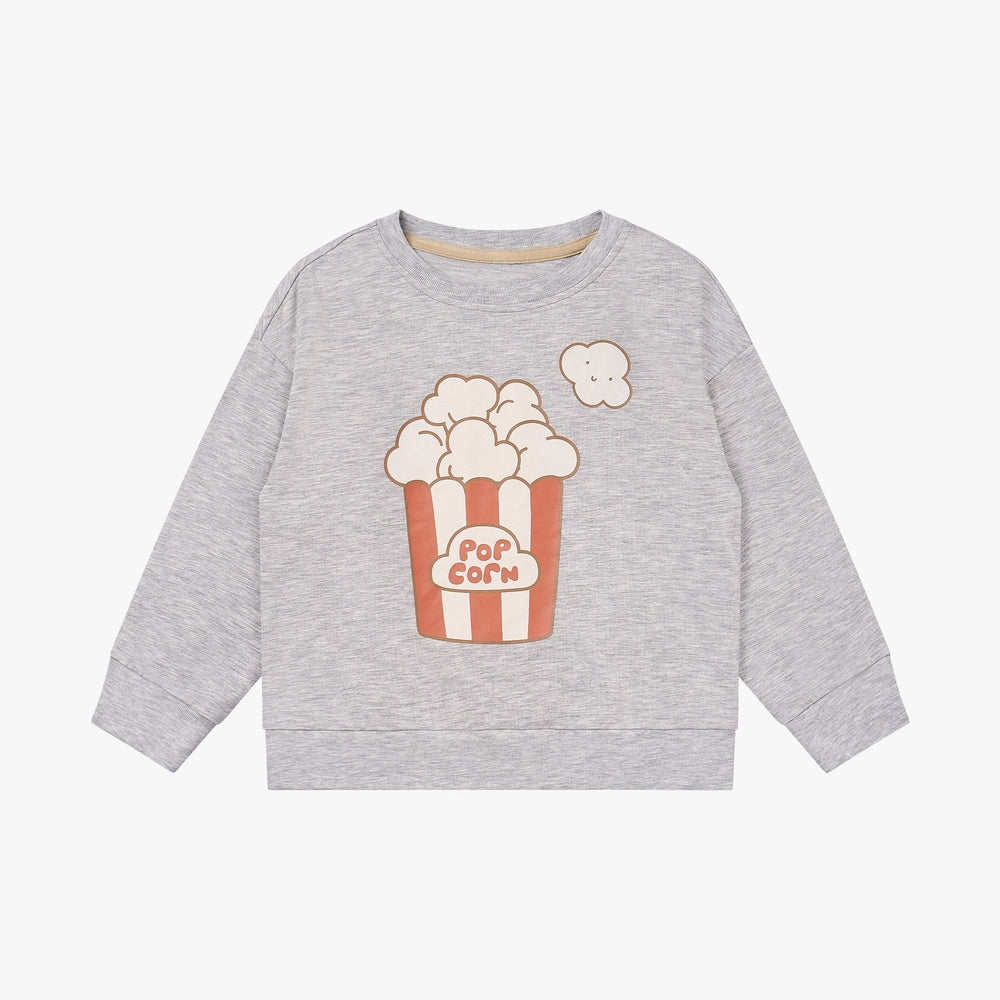 PETITE REVERY Petite Revery Long Sleeve Sweatshirt - Fog Grey popcorn graphic with striped bucket and cloud details img 4/6