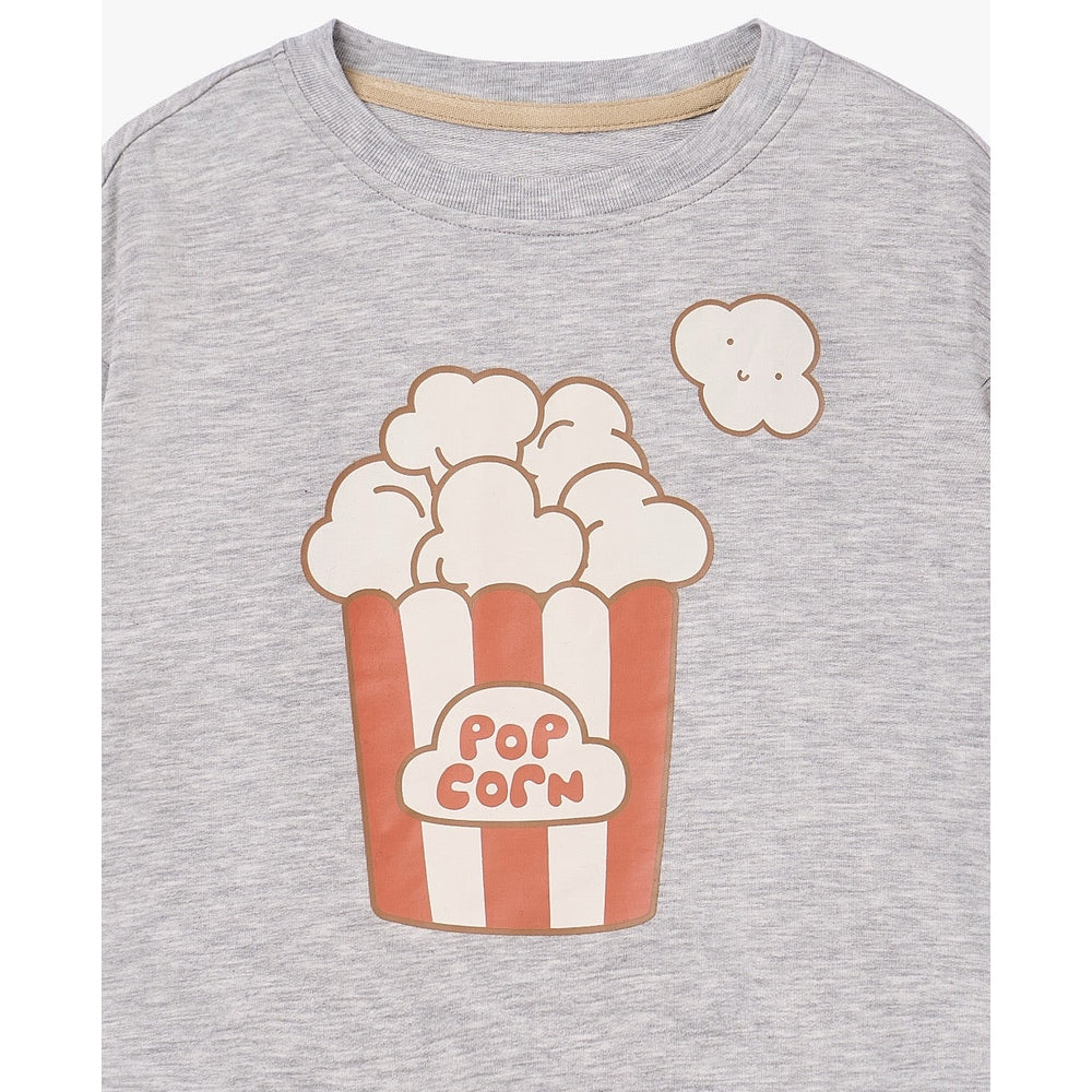PETITE REVERY Petite Revery Long Sleeve Sweatshirt - Fog Grey popcorn container graphic with striped design and smiling faces img 5/6