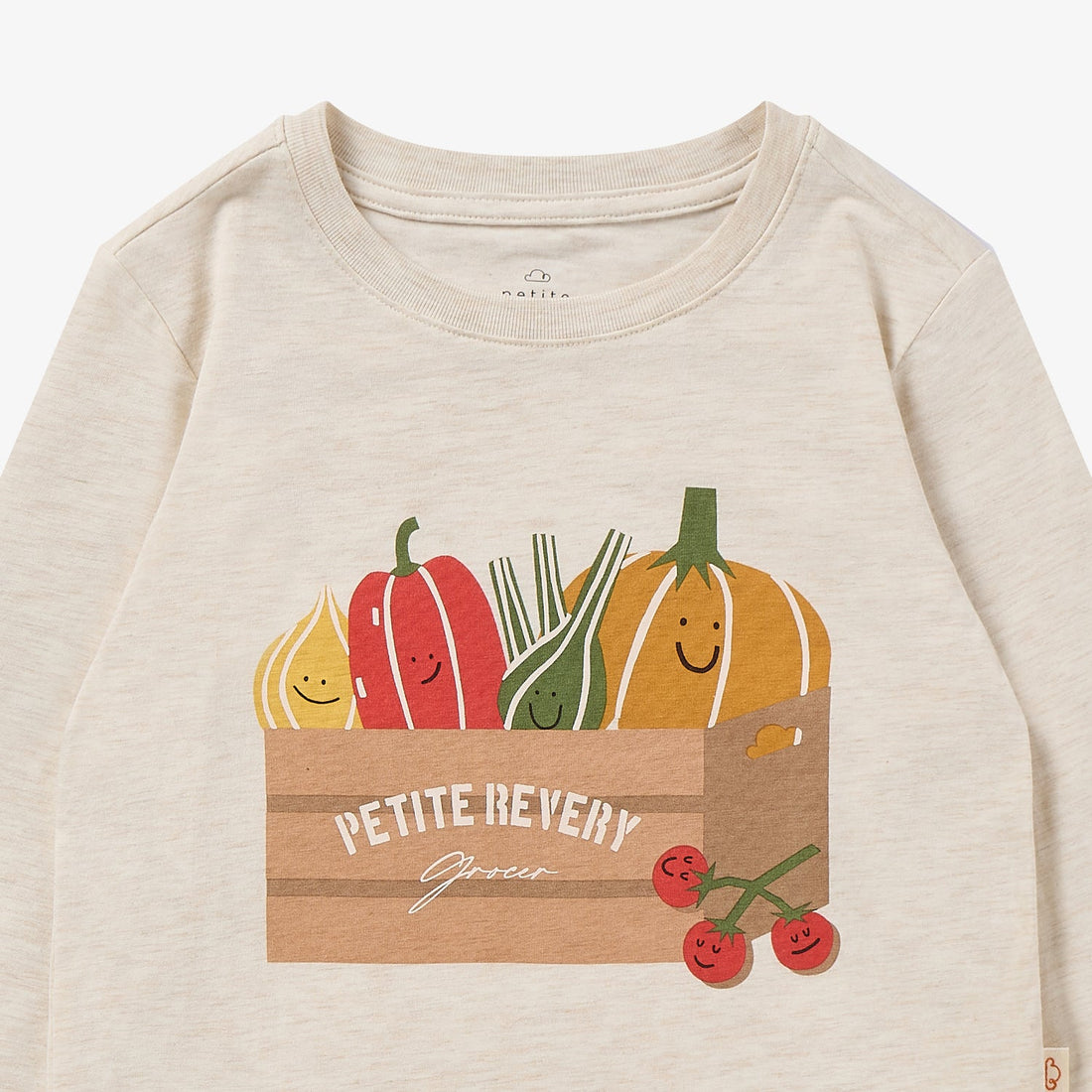 Petite Revery Sea Salt Munchies tee neckline and grocery-bag graphic detail
