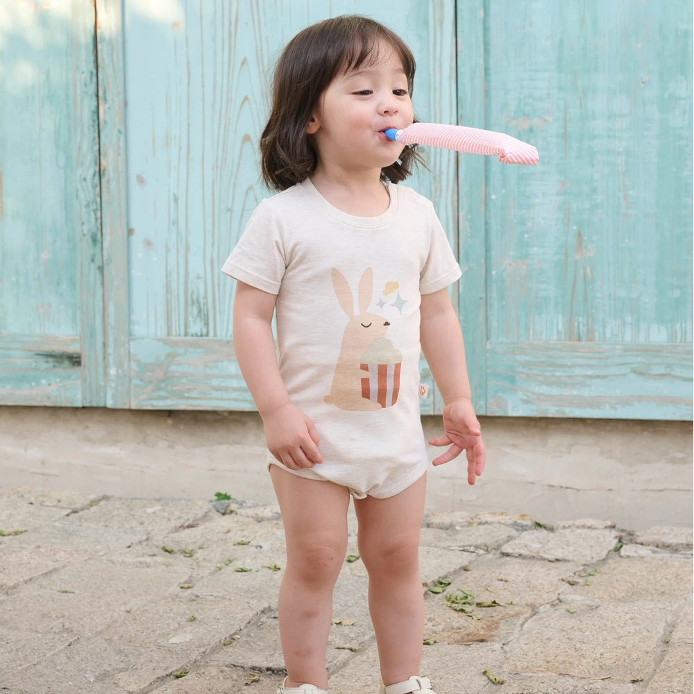 PETITE REVERY Petite Revery Onesie Nimbus Cloud Magic Bunny short sleeve with snap crotch closure and striped detail img 2/5
