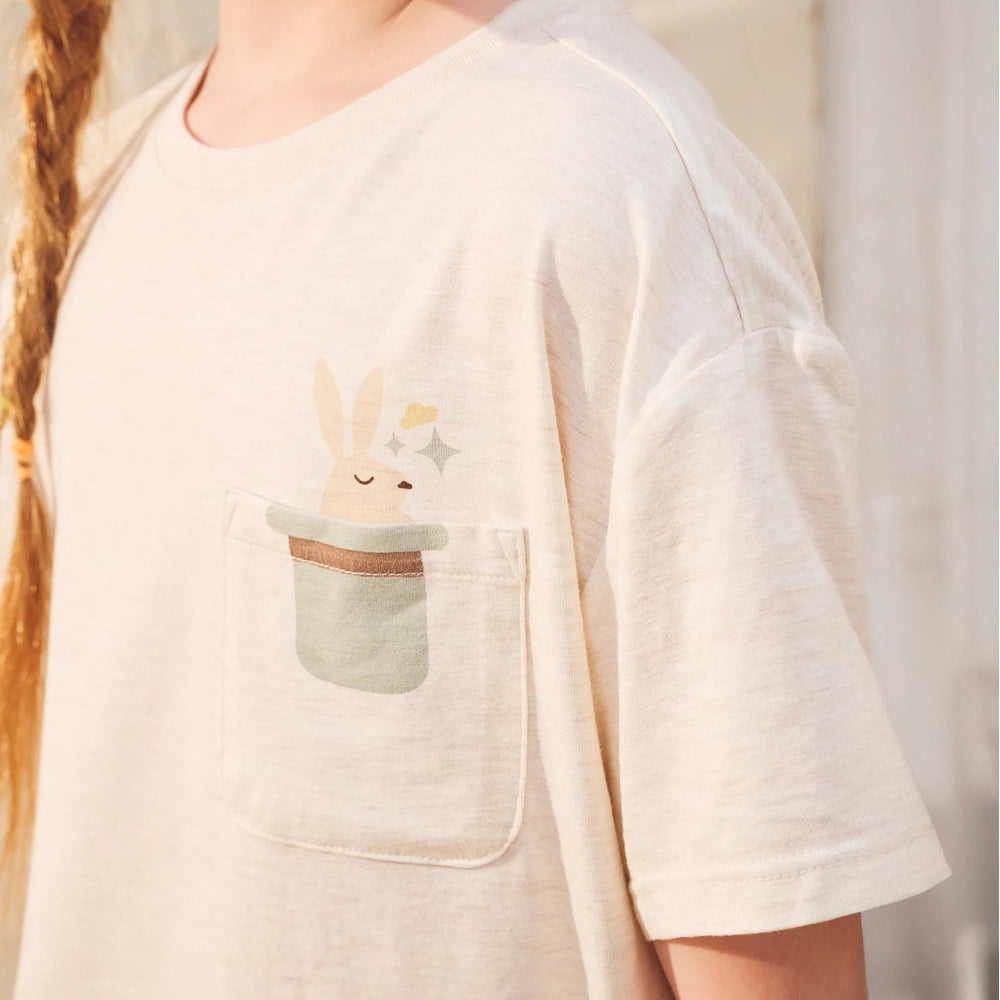 PETITE REVERY Petite Revery Oversize Tee Nimbus Cloud chest pocket with bunny graphic and sparkle detail img 3/6