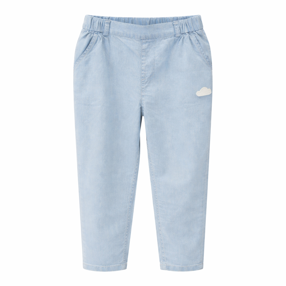 PETITE REVERY Petite Revery Pants - Chambray Denim elastic waistband with pockets and cloud embroidered patch img 3/3