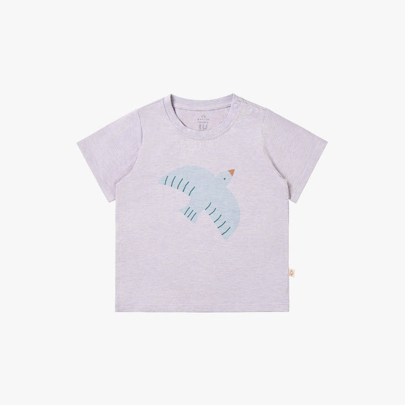 Petite Revery Short Sleeve Tee Lavender Blue, lavender baby tee with blue bird graphic and shoulder snaps for easy dressing.