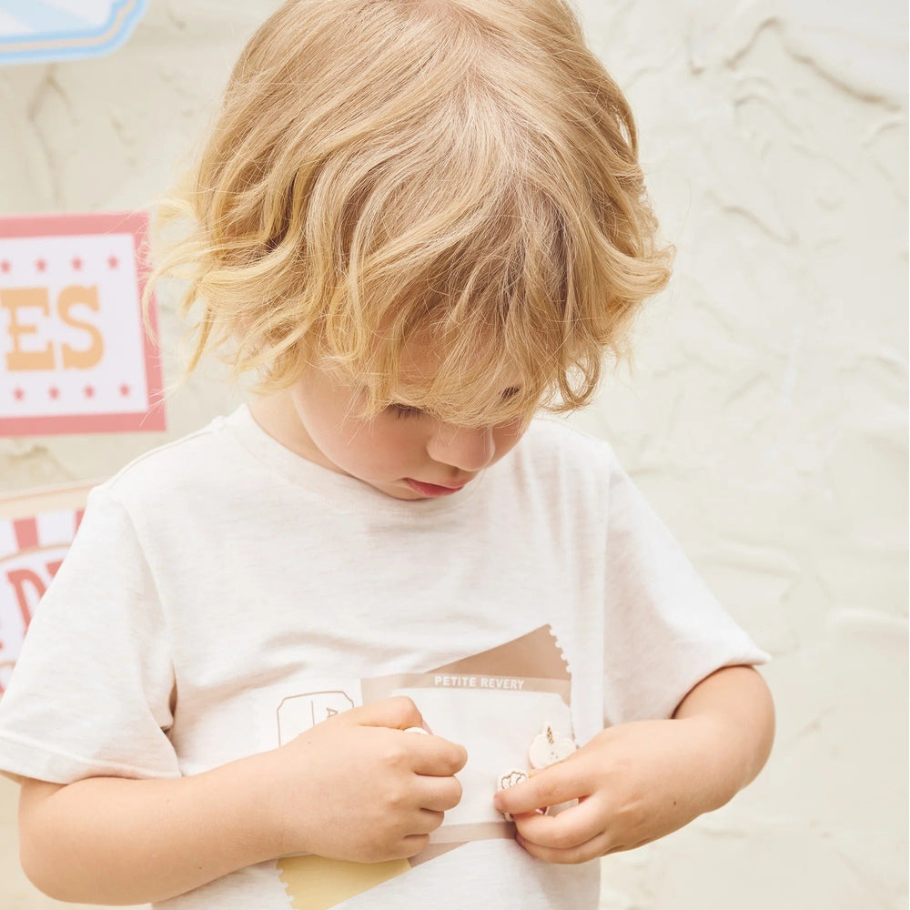 PETITE REVERY Petite Revery Short Sleeve Velcro Tee Nimbus Cloud with small bear graphic print on chest img 3/6