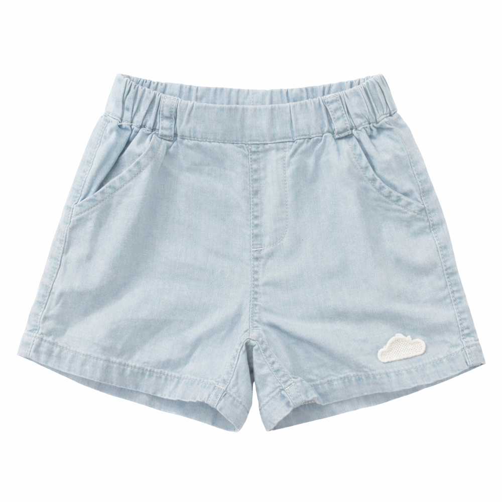 PETITE REVERY Petite Revery Shorts - Chambray Denim elastic waist with front pockets and white cloud applique img 3/3