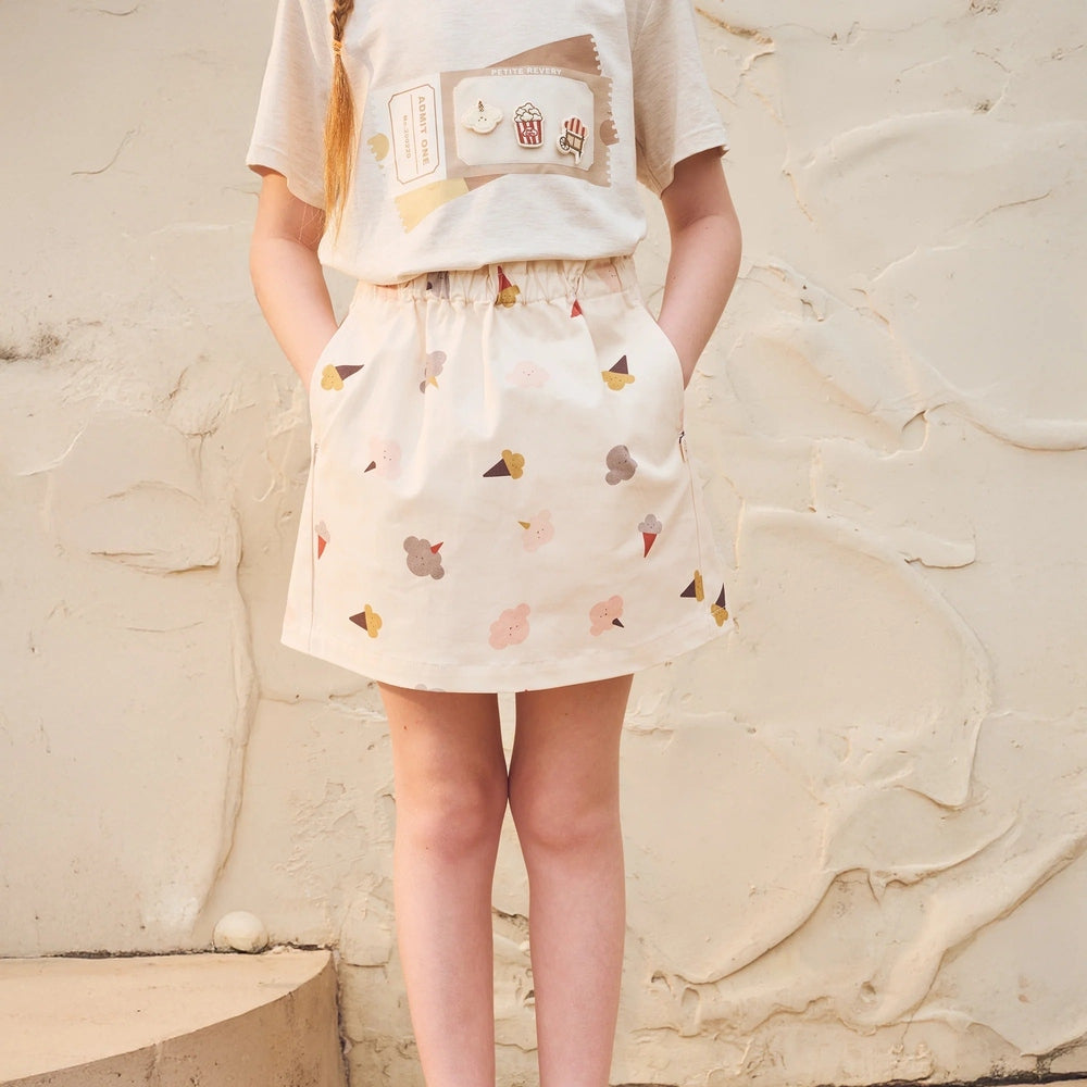 PETITE REVERY Petite Revery Skirt - Dessert Sky elastic gathered waist with side pockets and ice cream print img 3/6