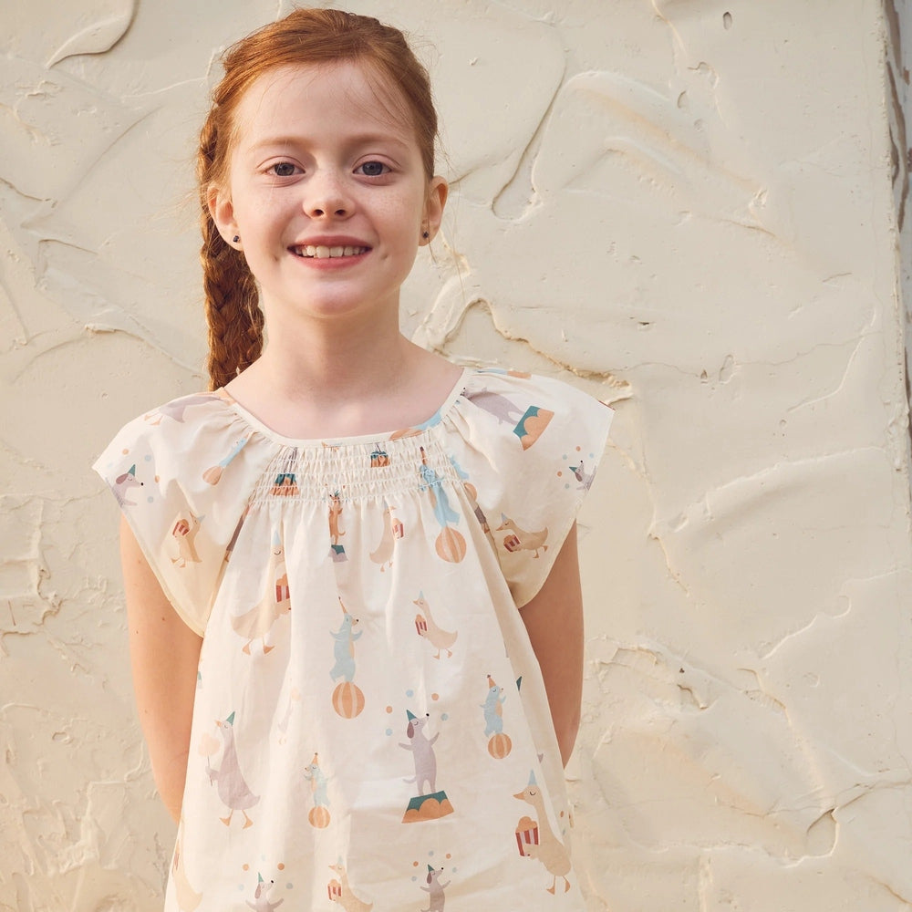 PETITE REVERY Petite Revery Tank Top - Carnivale Flutter sleeves with smocked chest and circus animals print img 4/9