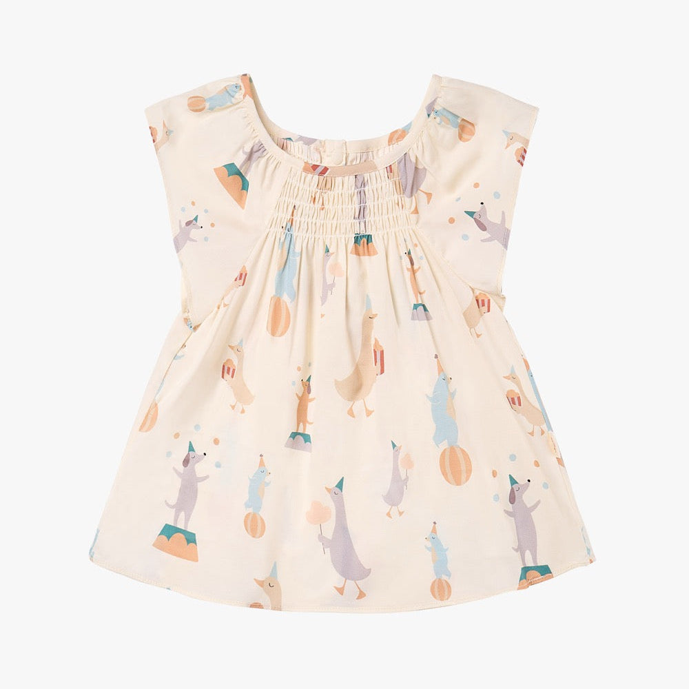 PETITE REVERY Petite Revery Tank Top - Carnivale smocked bodice with flutter sleeves and playful dog print img 7/9