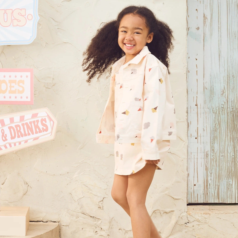 PETITE REVERY Petite Revery Twill Jacket - Dessert Sky Collared button-front with geometric confetti print, matching shorts img 1/6
