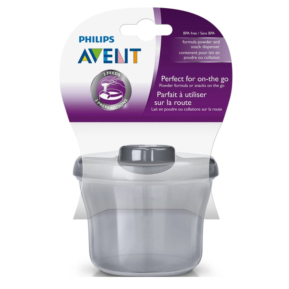 Philips Avent powder formula dispenser and snack cup, translucent container with gray lid