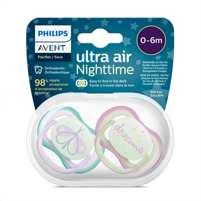 Two pastel Philips Avent Ultra Air pacifiers (0-6m) with butterfly and dreams shields, pink mint cream silicone teats.