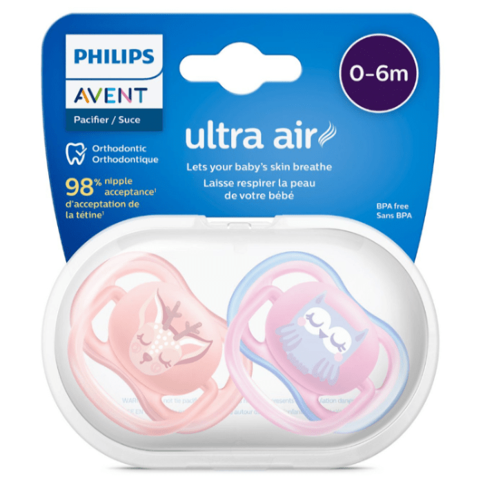 Philips Avent Ultra Air pacifier 2-pack with pink and blue animal designs for 0-6m