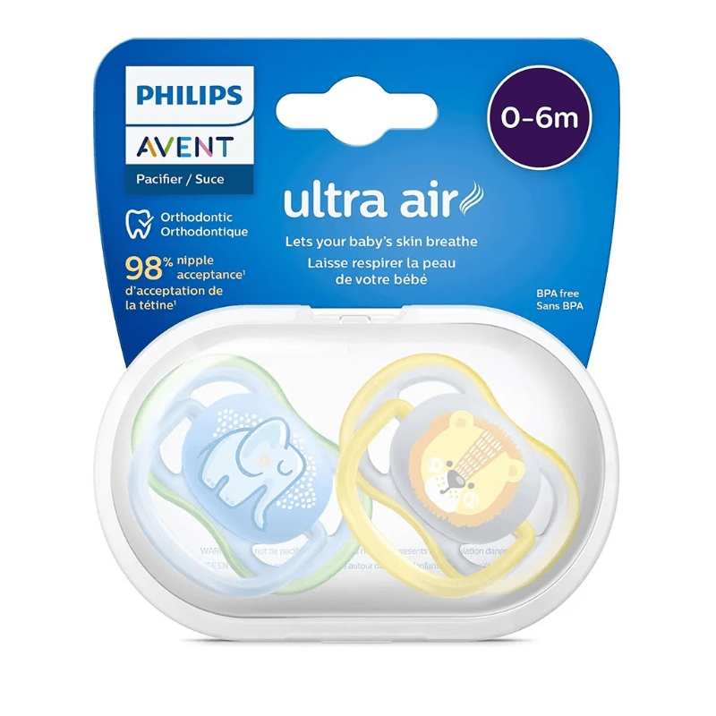 Philips Avent Ultra Air pacifiers, 0-6m, set of 2 with blue elephant and yellow lion designs
