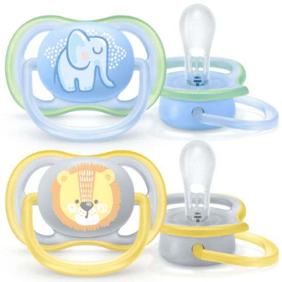 Philips Avent Ultra Air pacifiers 2-pack featuring blue elephant and yellow lion designs