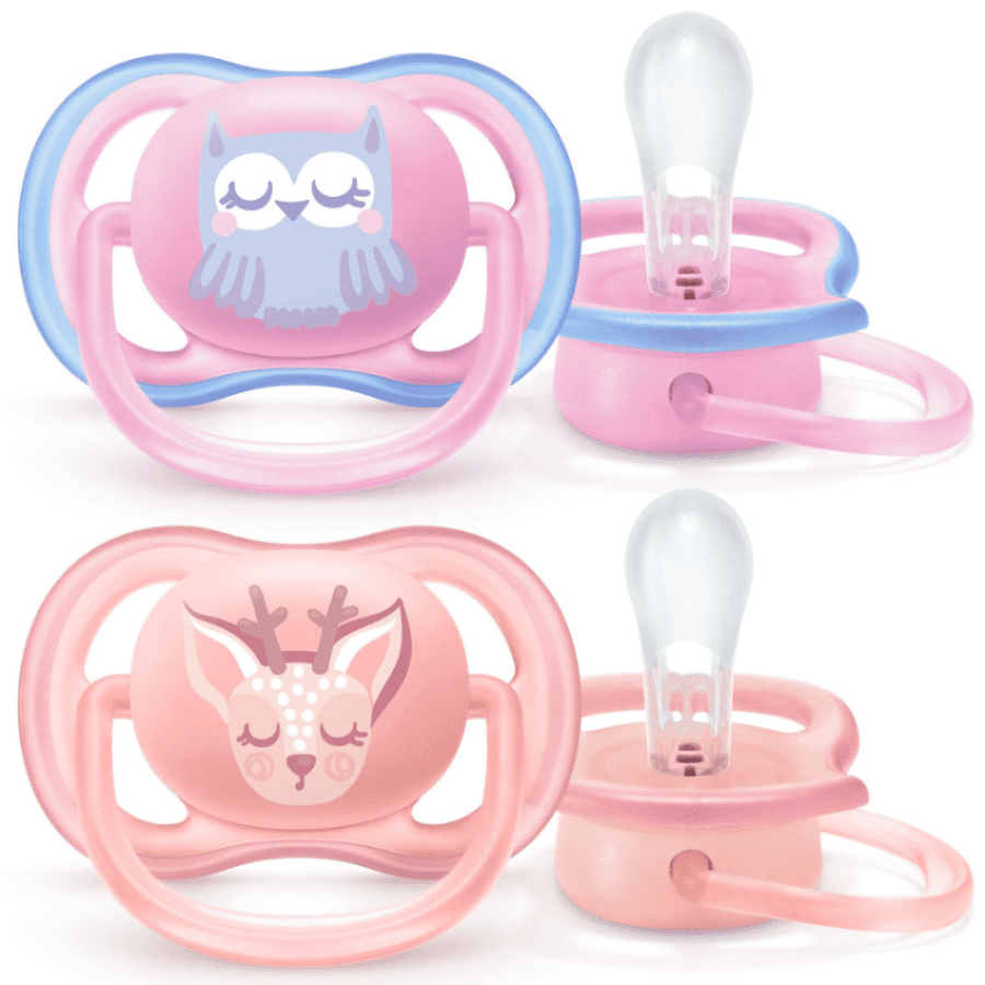 Philips Avent Ultra Air pacifier two-pack featuring pink deer and blue owl designs for babies
