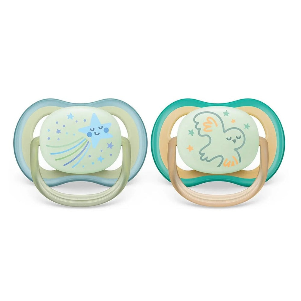 Two Philips Avent Ultra Air pacifiers (0-6M) with star and owl designs; mint-green and teal shield colors.