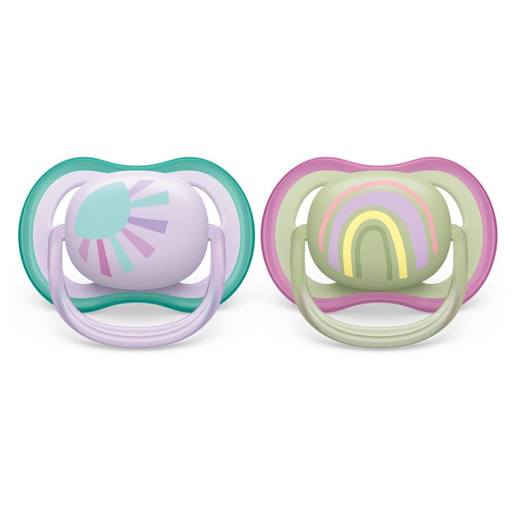 Philips Avent Ultra Air pacifier 0-6M, 2-pack in lilac sunburst and pastel rainbow designs