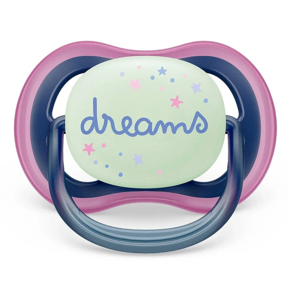 Philips Avent Ultra Air pacifier 2-pack: pink shield, blue ring, mint-green center with 'dreams' and stars.