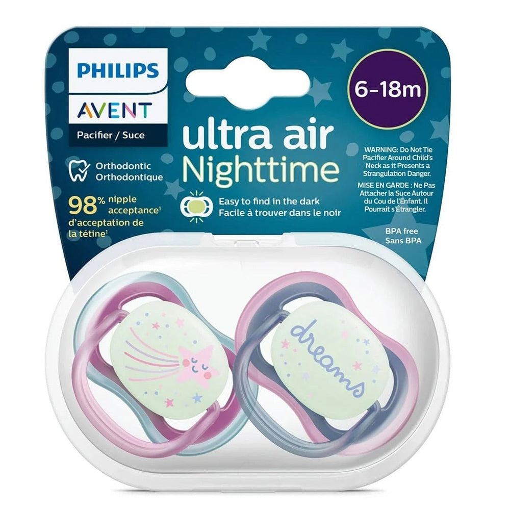 Two pastel Philips Avent Ultra Air night pacifiers in a clear case; pink and blue shields with moon and 'dreams' designs.