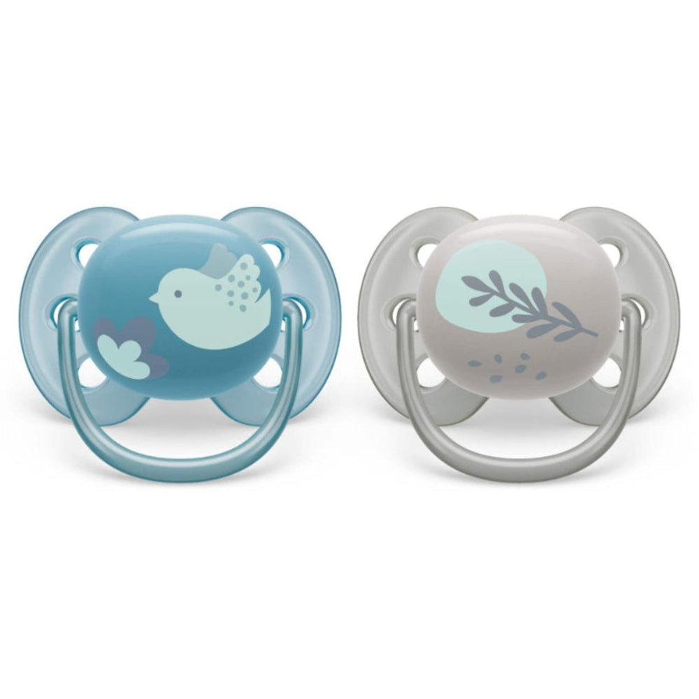 Philips Avent Ultra Soft Pacifier 2 Pack Blue Dove & Silver Leaf for 6-18M; two pacifiers with soft shields.