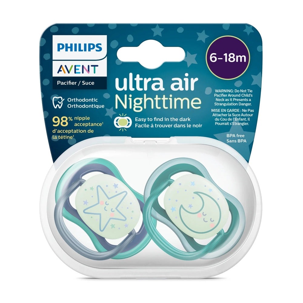 Philips Avent Ultra Air Nighttime pacifiers, 2-pack for 6-18m, star and moon designs