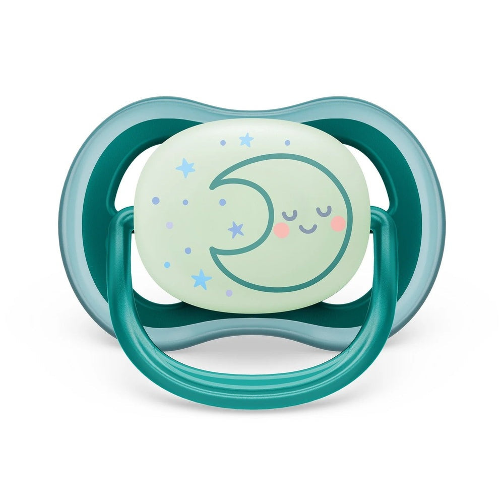 Philips Avent Ultra Air pacifier with nighttime moon design in teal and mint (2-pack)