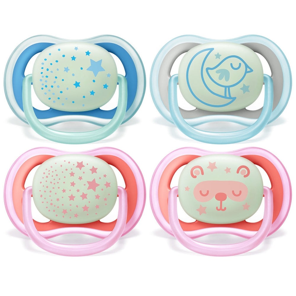 Philips Avent Ultra Air nighttime pacifiers for 6-18 months, four-pack with starry, moon, panda designs