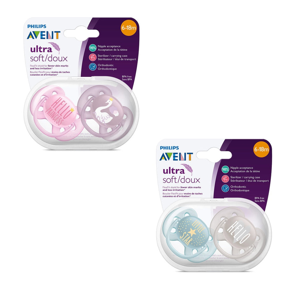 Philips Avent Ultra Soft Pacifier 6-18m two-pack with pink/purple and blue/neutral designs