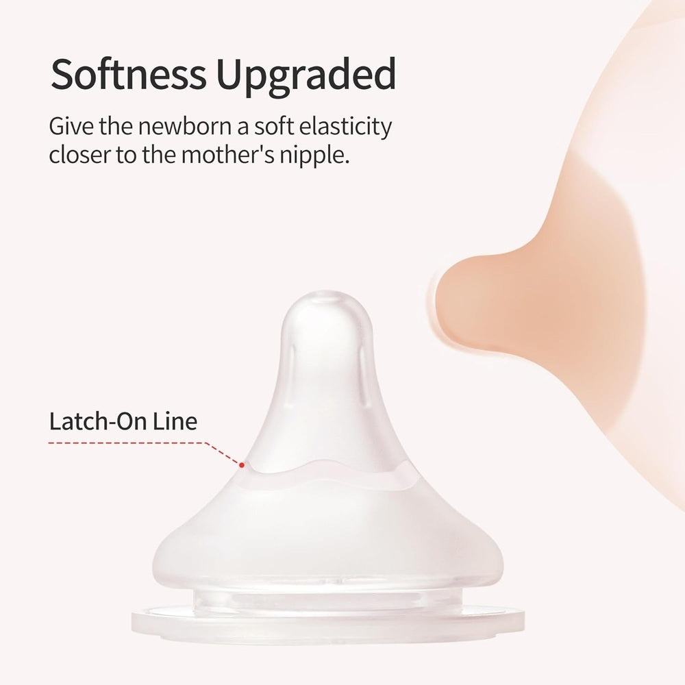 Pigeon Baby Bottle Nipple 1 Pack, clear silicone with latch-on line showing enhanced softness for newborn feeding