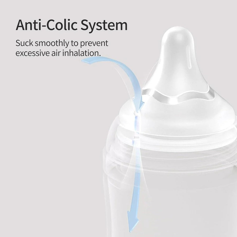Pigeon Baby Bottle Nipple 3-pack with anti-colic system; shows smooth airflow path reducing air intake.