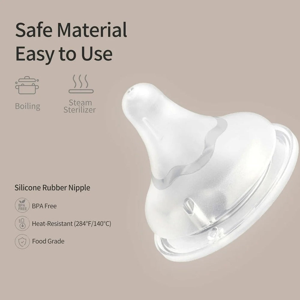 Pigeon Baby Bottle Nipples 3 Pack in clear silicone; BPA-free and heat-resistant, shown with boiling and steam sterilizer icons.