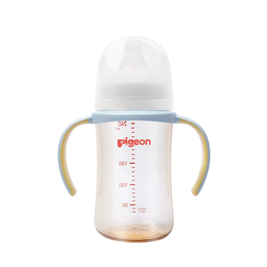 Pigeon blue handle fitted to a PPSU 8oz bottle