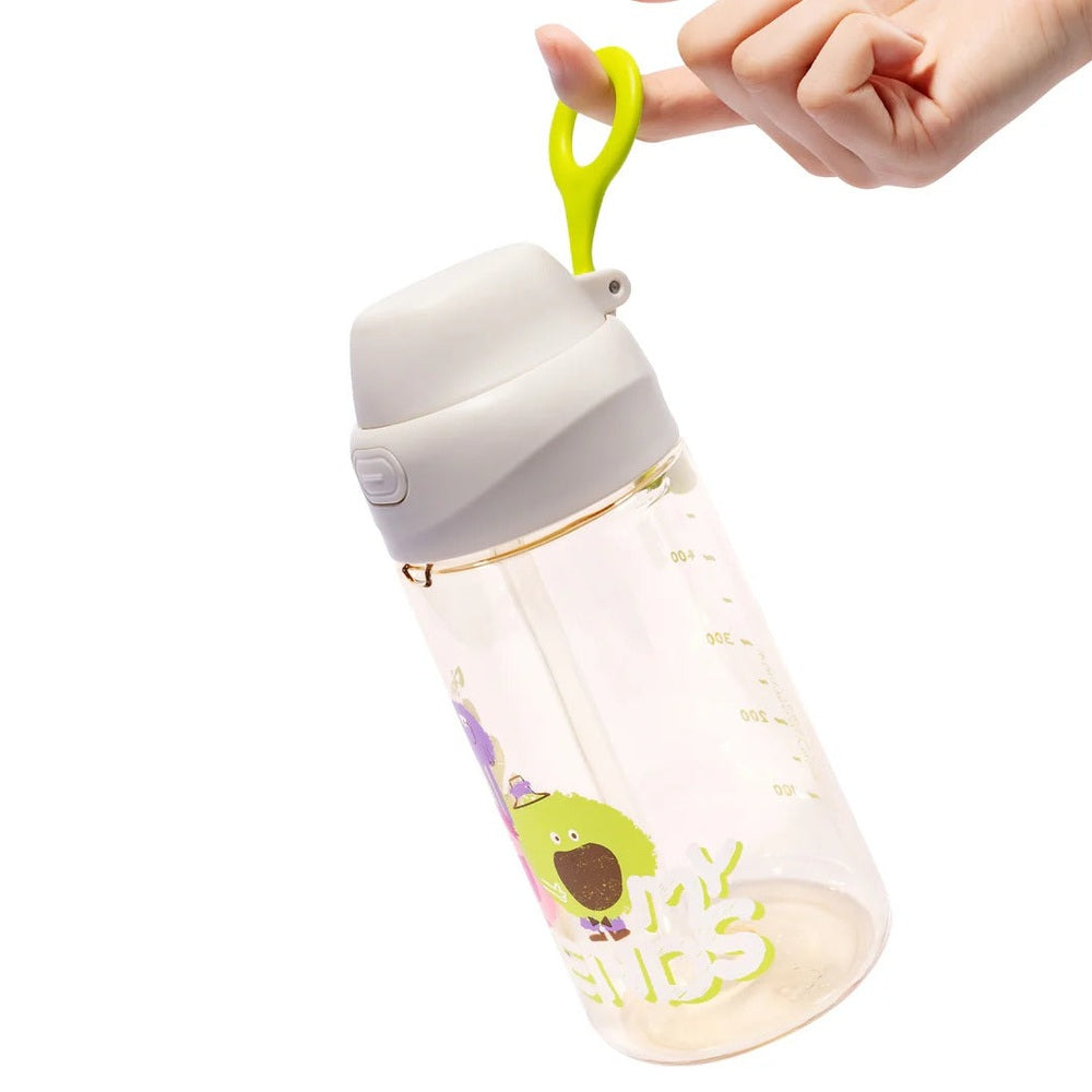 Pigeon Double Port PPSU Drinking Cup 36M+ held by hand with lime-green clip, showing portable two-port sipping.