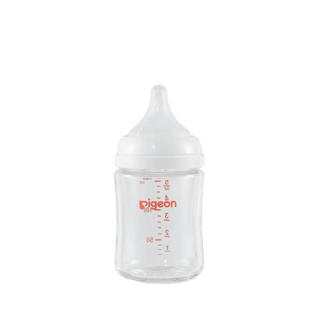 Pigeon Glass Bottle 5oz with SS Nipple for 0M+, clear glass bottle displayed upright with red measurement marks.