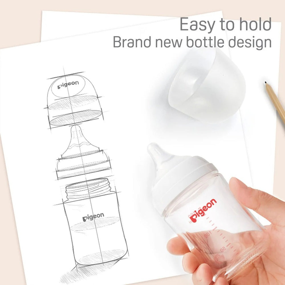 Pigeon Glass Bottle 5oz with SS nipple for 0M+, held for feeding beside a bottle sketch.