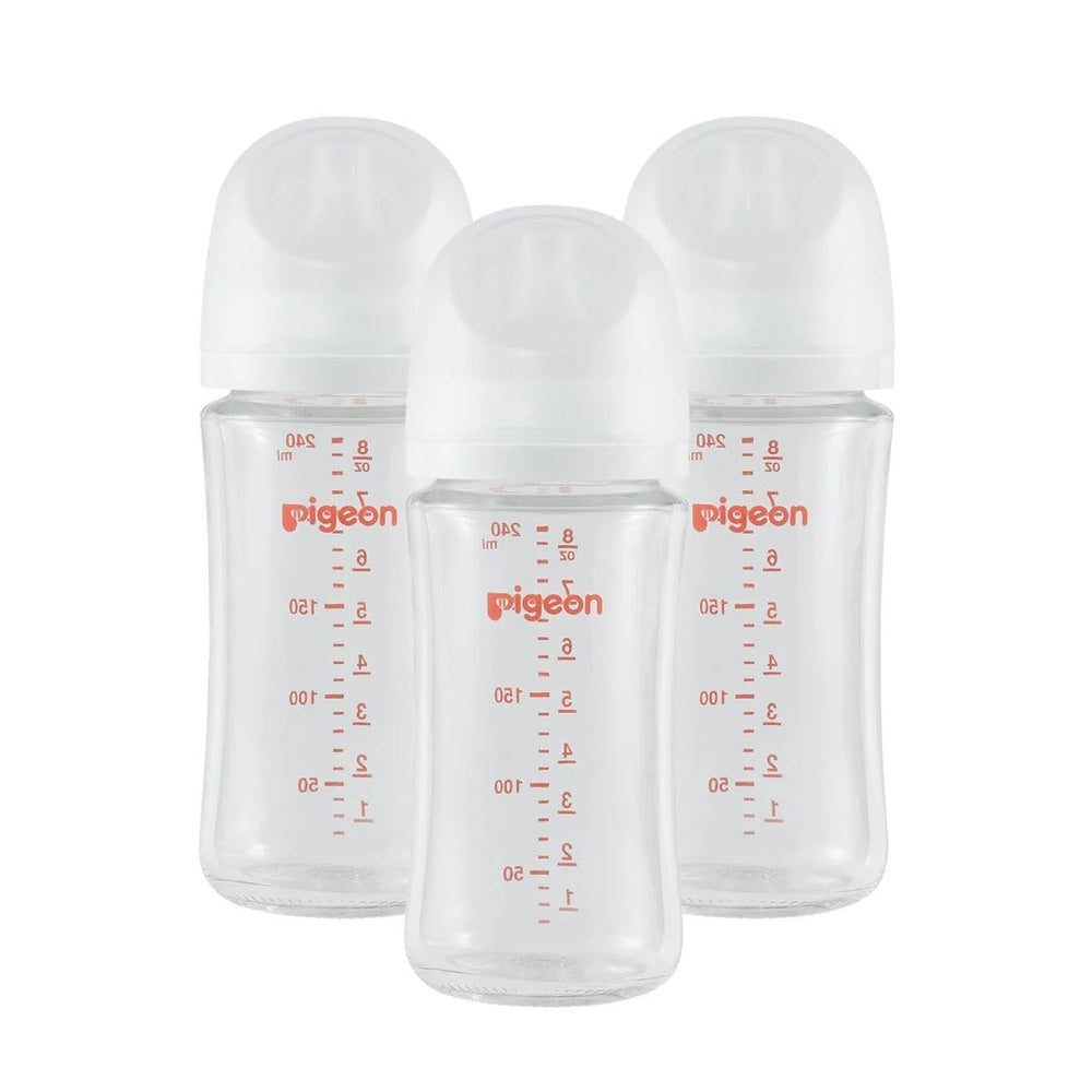 Pigeon Glass Bottle 8oz with M Nipple, three-pack; clear bottles with white caps and orange measurement marks
